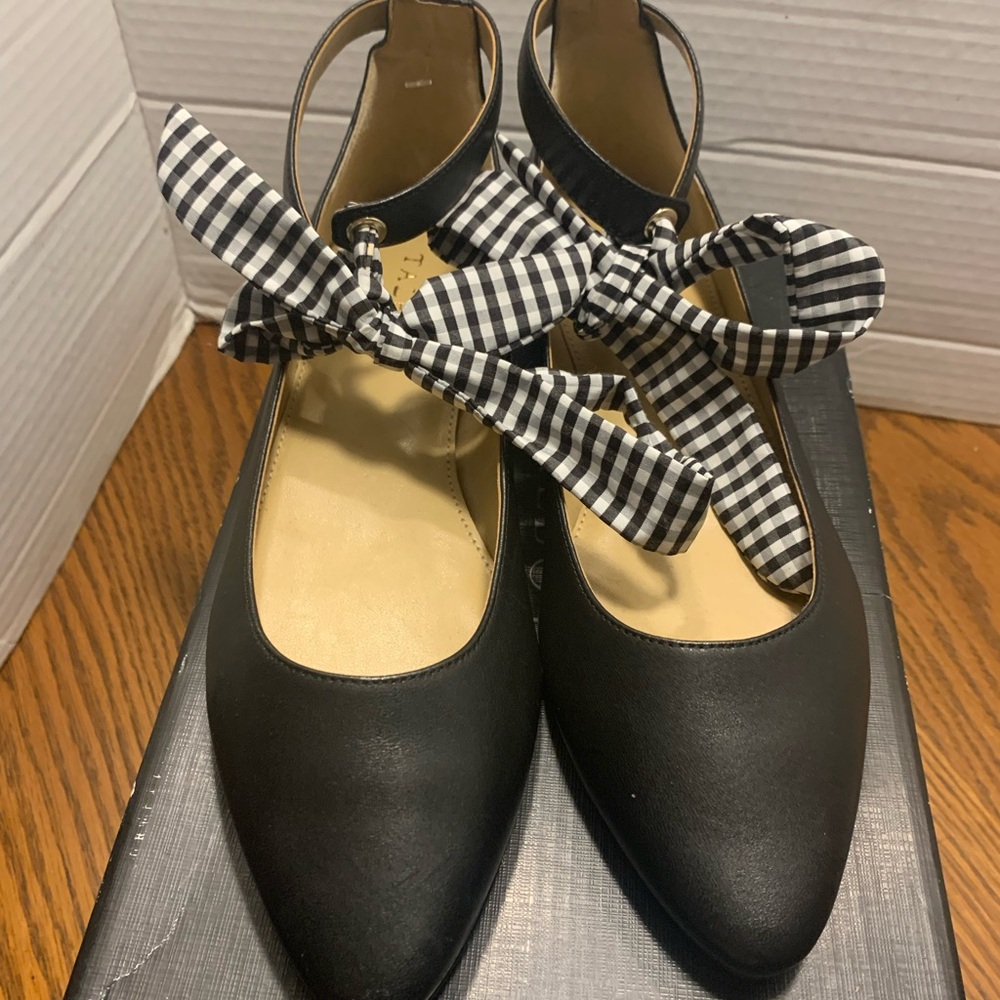Talbots Edison Scarf Tie Black Flats with Gingham Bow size 9 Classic Stylish